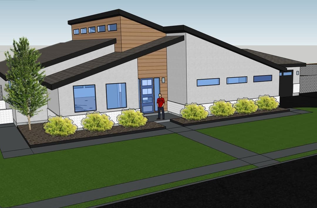 Modern single-story home with a stylish façade, landscaped yard, and a welcoming entryway.